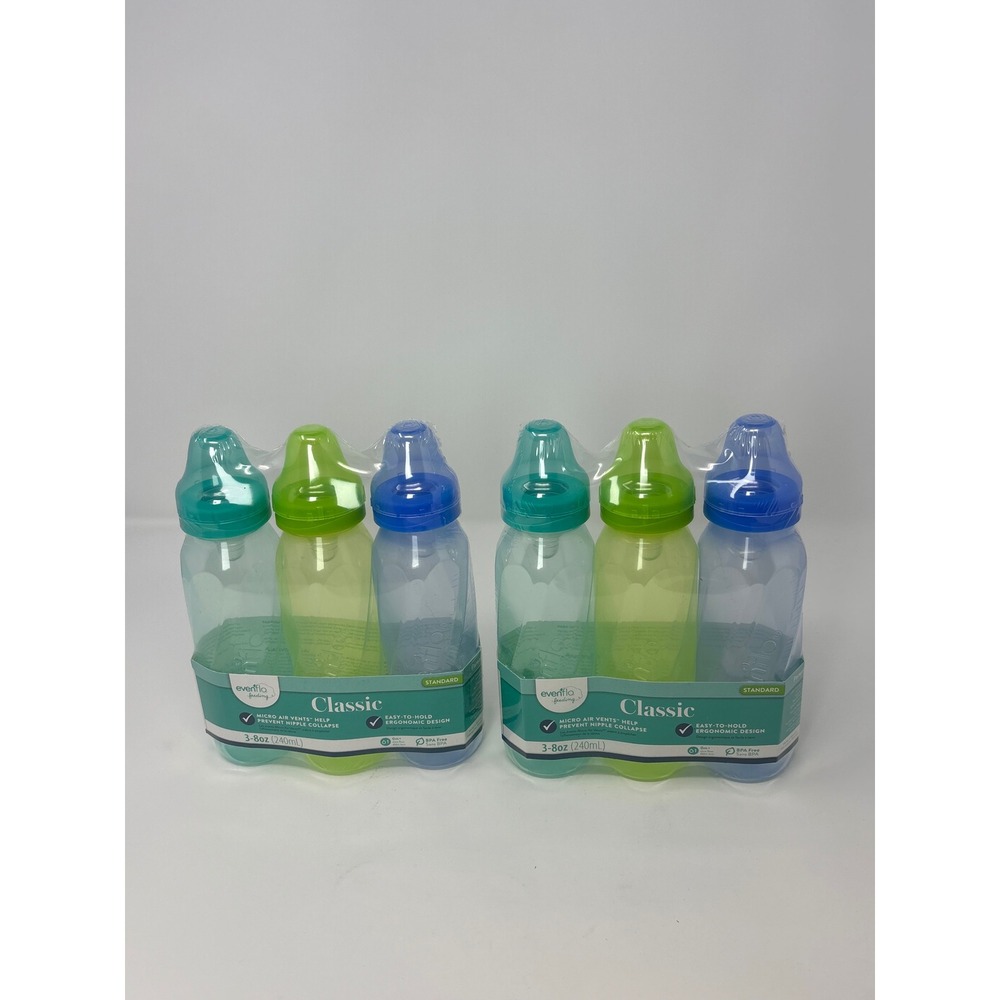 Evenflo Feeding Classic Baby Bottles blue green & Tea 8oz 3 Pack X2 BPA Free 0m+